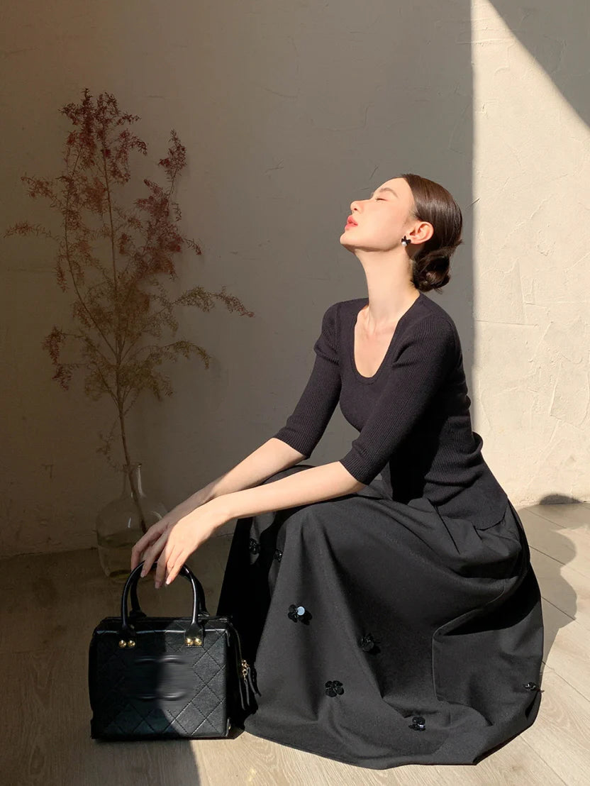 Black Vintage Floral Accent Skirt