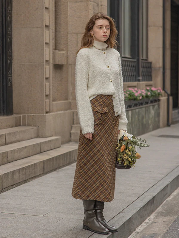 Rustic Plaid Wool Brown Checkered Skirt