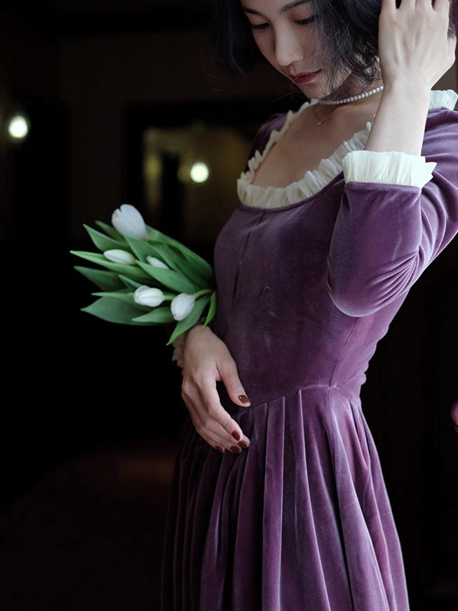 Ruffled Trim Royal Purple Velvet Vintage Dress