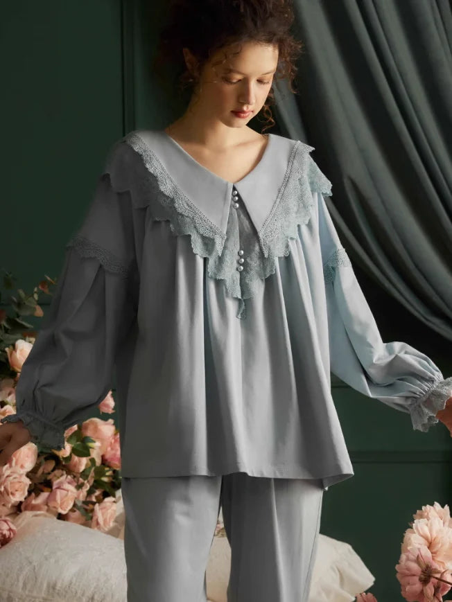 Elegant Lace-Trimmed Cotton Pajama Set