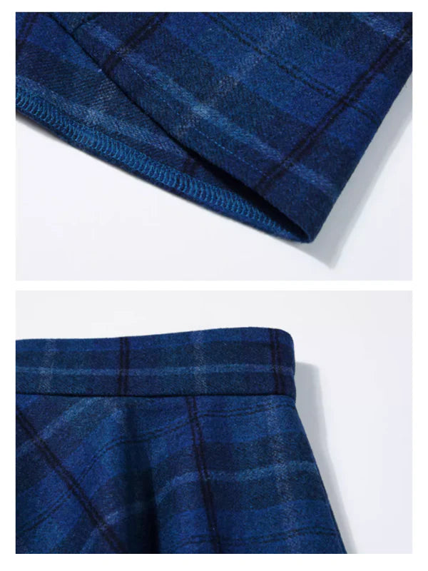 Autumn Vintage Blue Plaid Wool Skirt