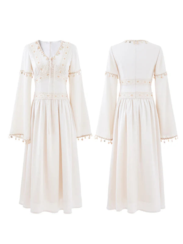 Golden Ethereal Lace-Up Flare Sleeve Chiffon Dress