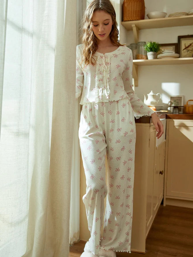 Bow-Embellished Cozy Cotton Pajama Set