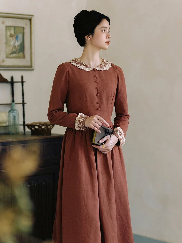 Autumn Rust Vintage Lace Collar Dress