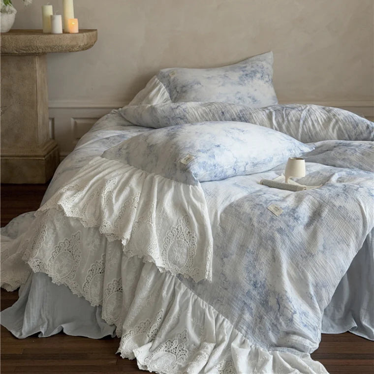 Watercolor Blue Lace Ruffle Bedding Set
