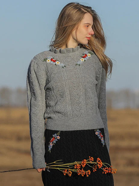 Soft Gray Floral Embroidered Sweater