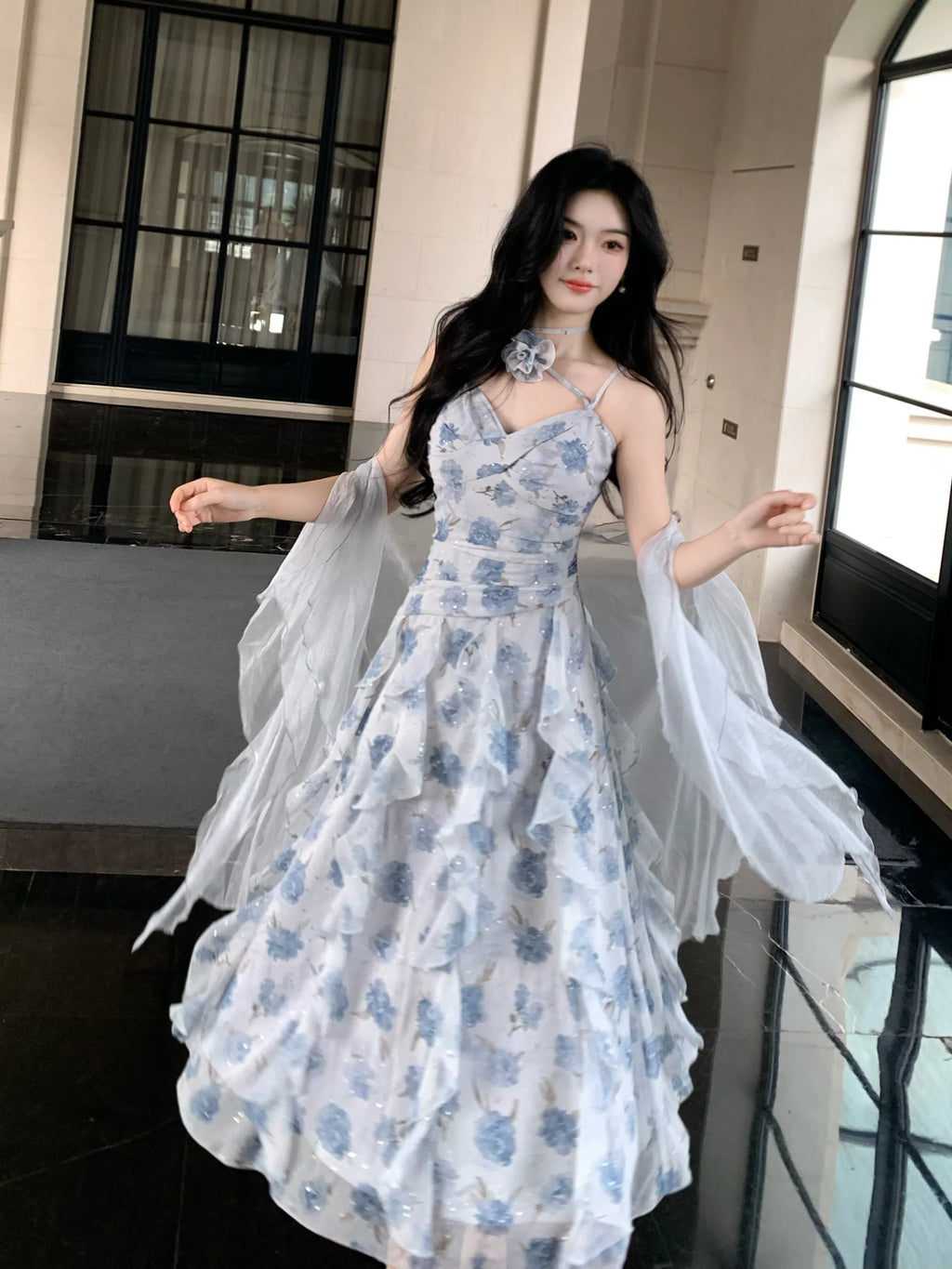 Whimsical Bloom Ruffle Chiffon Dress