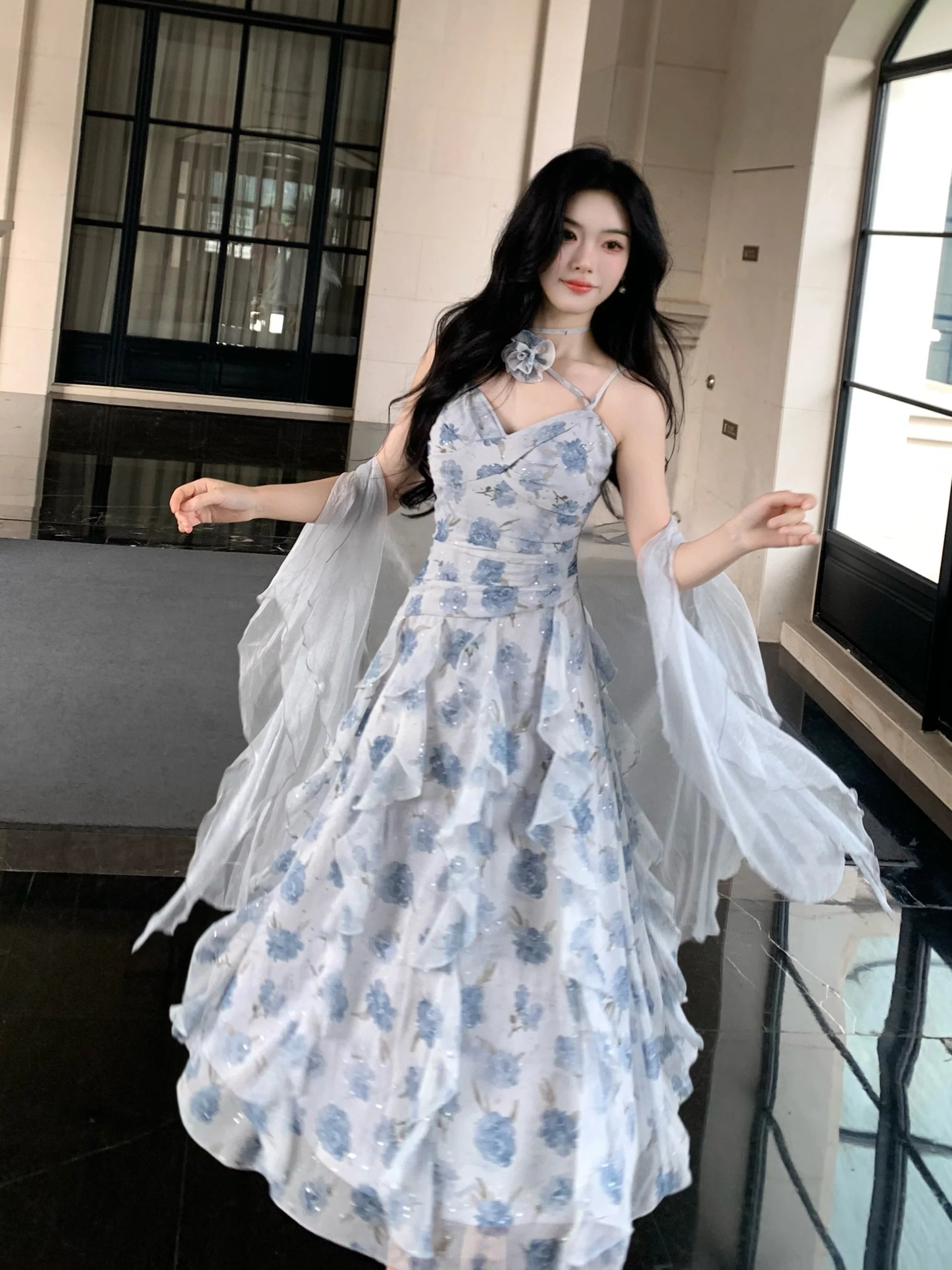 Whimsical Bloom Ruffle Chiffon Dress