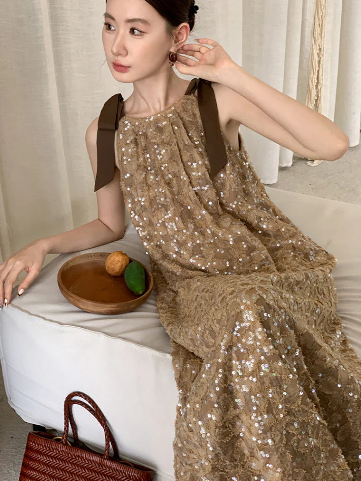 Golden Sequin Ribbon Strap Dress
