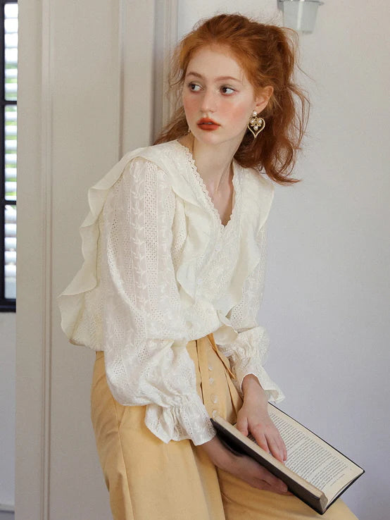 Romantic Lace-Trimmed Ruffle Blouse