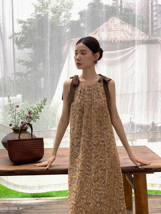 Golden Sequin Ribbon Strap Dress
