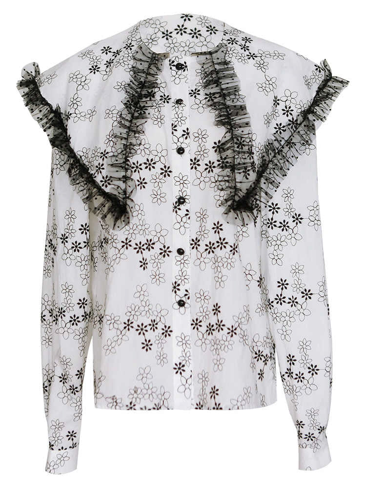 Ruffled Floral Embroidered Blouse