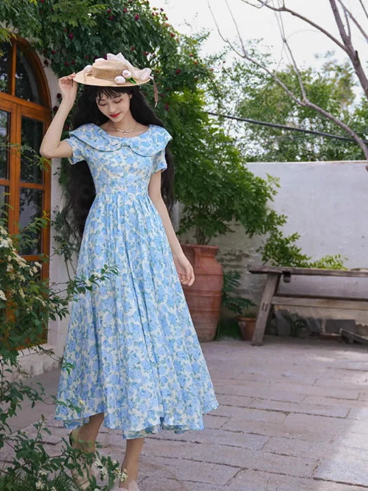 Blue Garden Bloom Vintage Dress