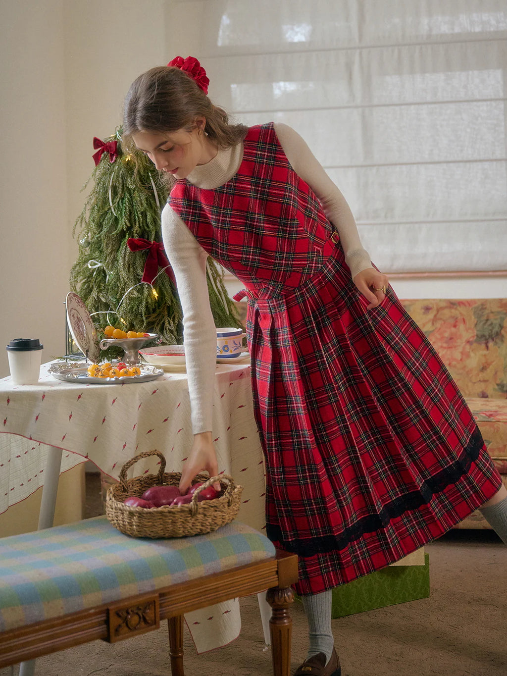 Classic Red Tartan Plaid Sleeveless Dress