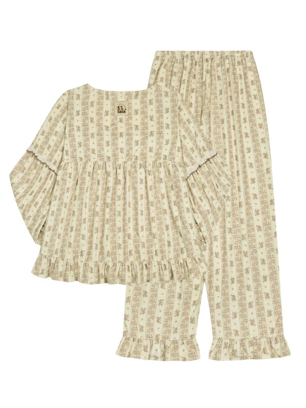 Brown Ribbon Lace Flannel Pajama Set