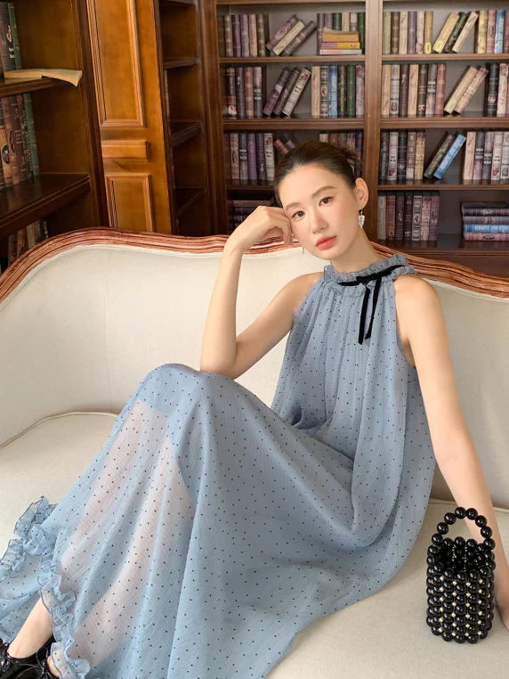 Blue Polka Dot Halter Maxi Dress