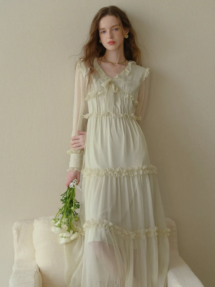 Soft Cream Ruffle Tiered Sheer Dress