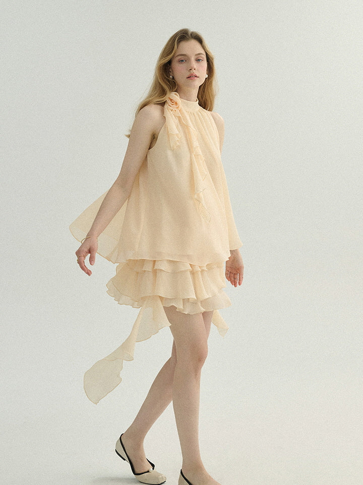 Ethereal Cream Ruffle Rose Halter Top