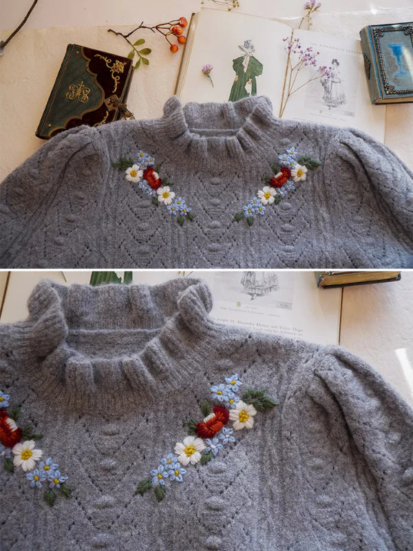 Soft Gray Floral Embroidered Sweater