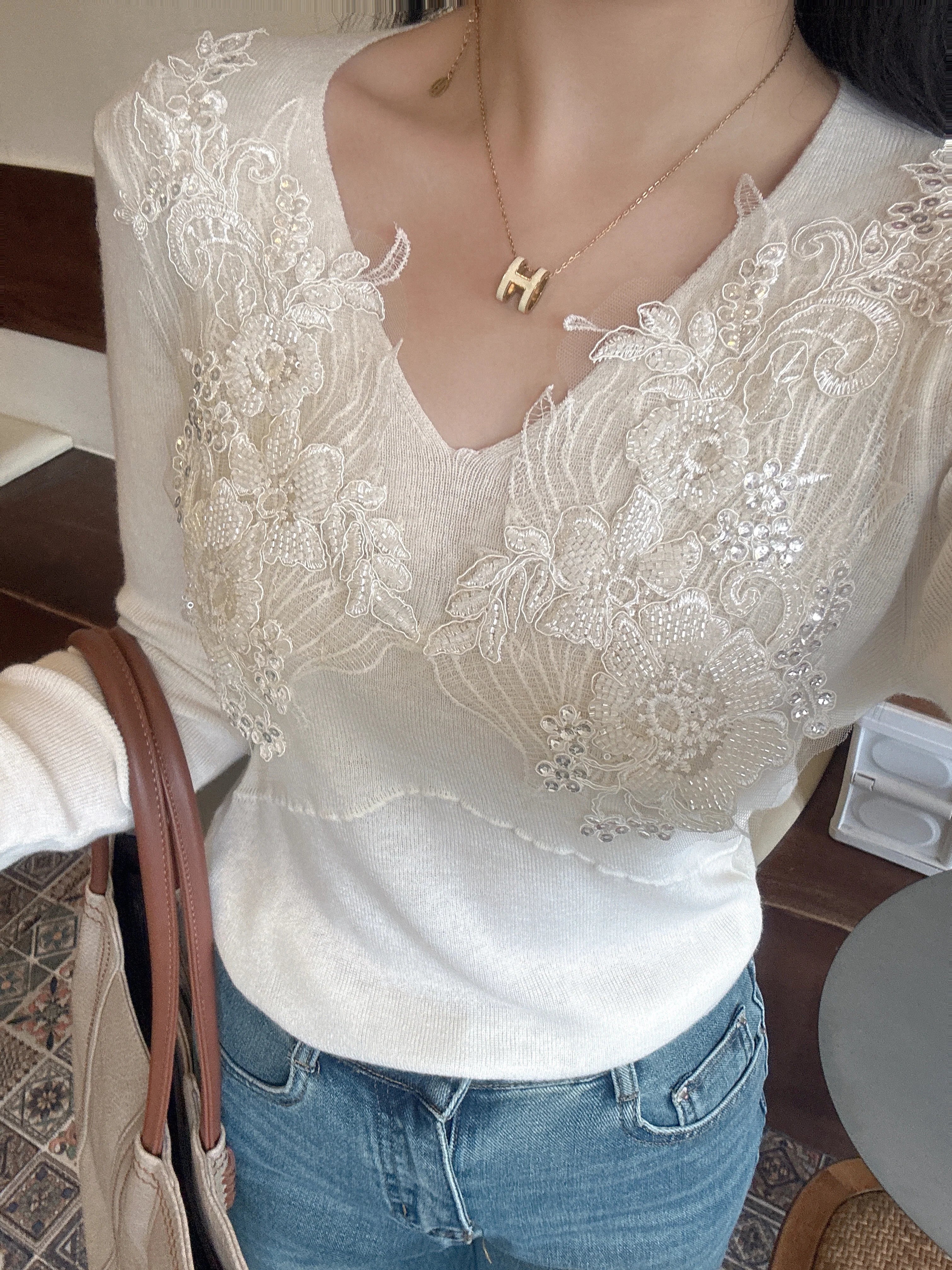 Floral Lace Embellished Knit Top