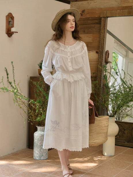 Cotton Vintage Embroidery Blouse & Skirt