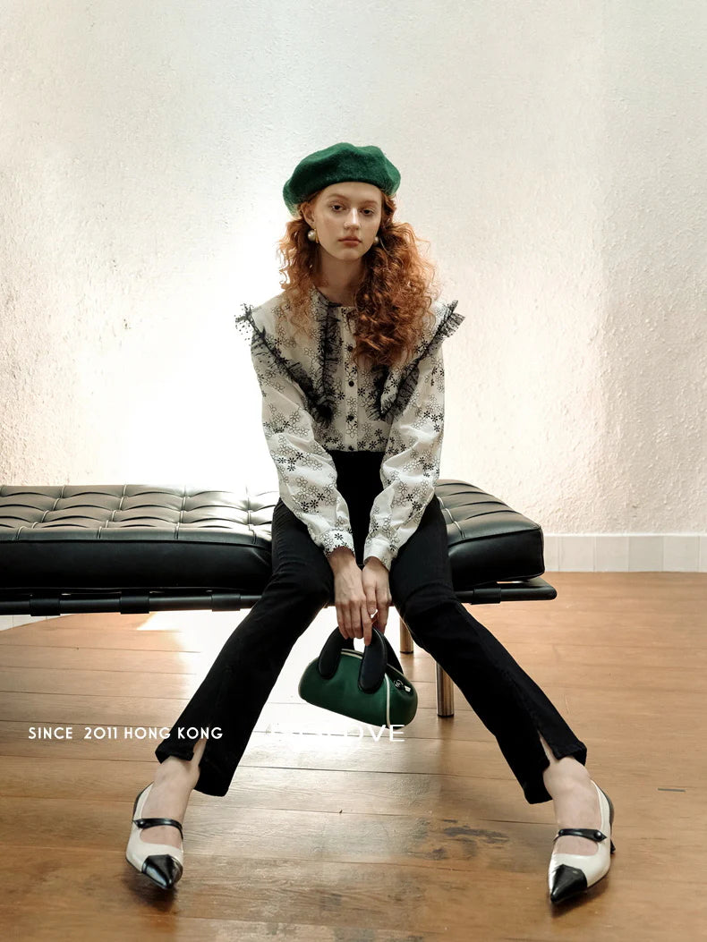 Ruffled Floral Embroidered Blouse