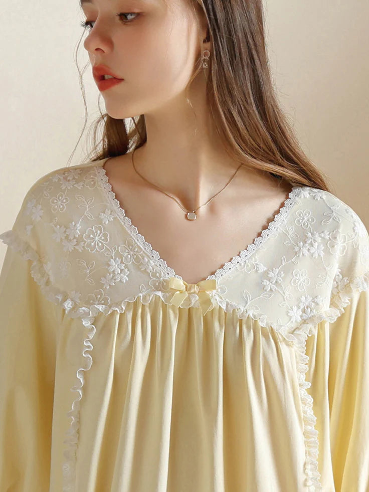 Floral Lace Trim Cotton Pajama Set