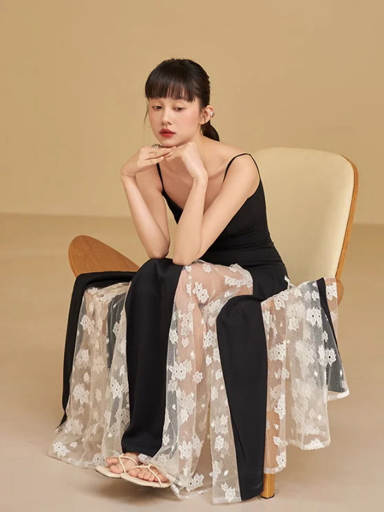 Black & Lace Contrast Panel Maxi Dress