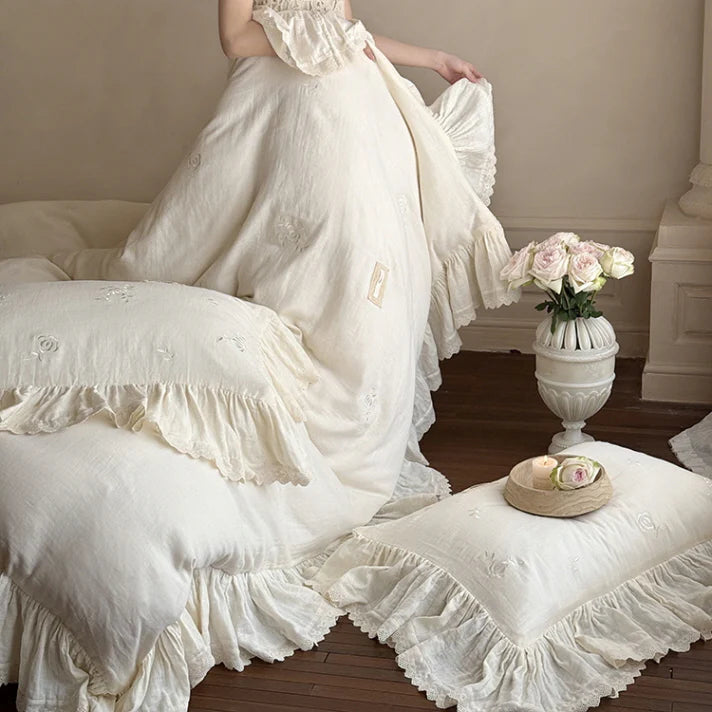 Blush Cream Ruffle Lace Bedding Set