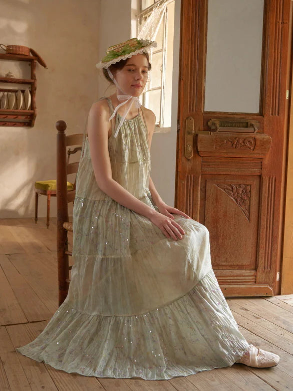 Pastel Green Floral Two-Piece Set – Sheer Cardigan & Tiered Dress