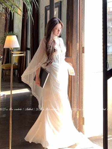 Ethereal White Lace Drape Corset Gown