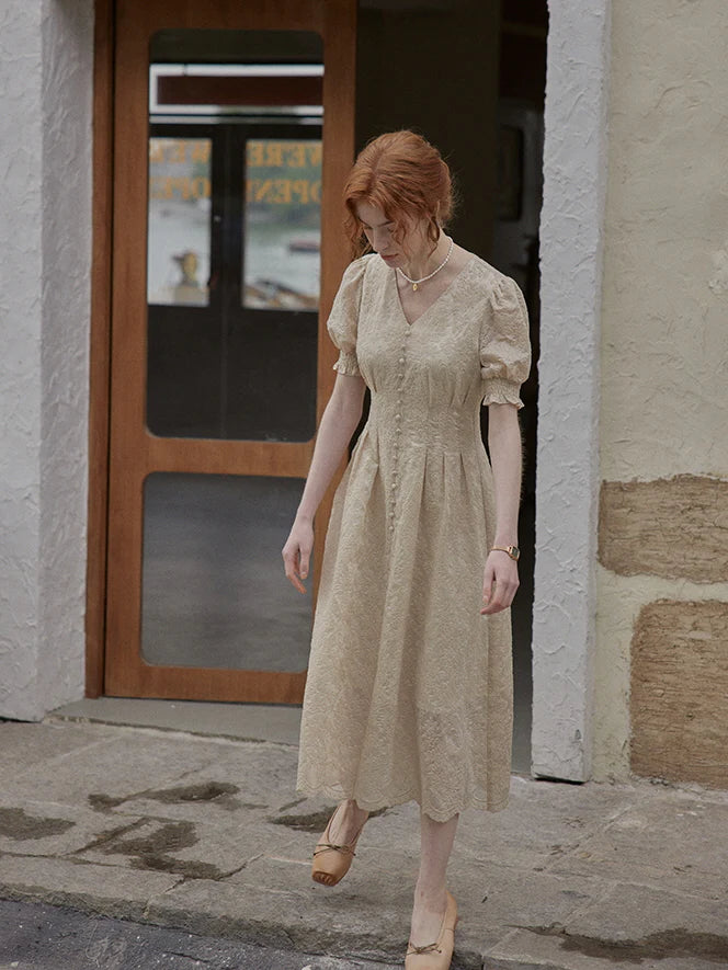 Vintage Lace Buttoned Puff Sleeve Dress