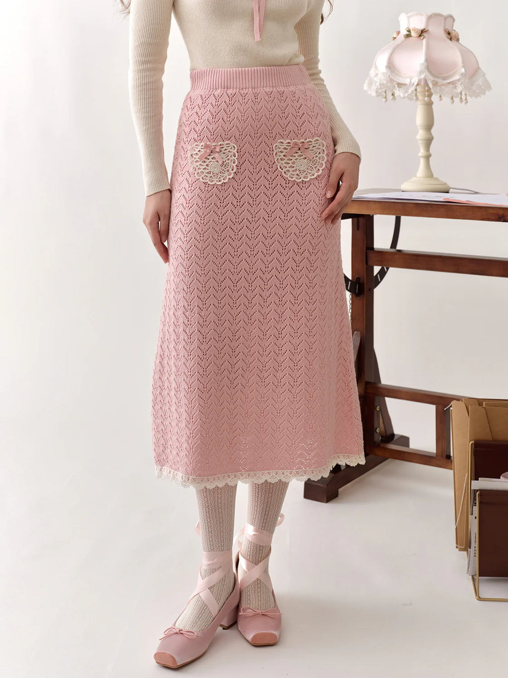 Coquette Knit Skirt with Lace Heart Pockets