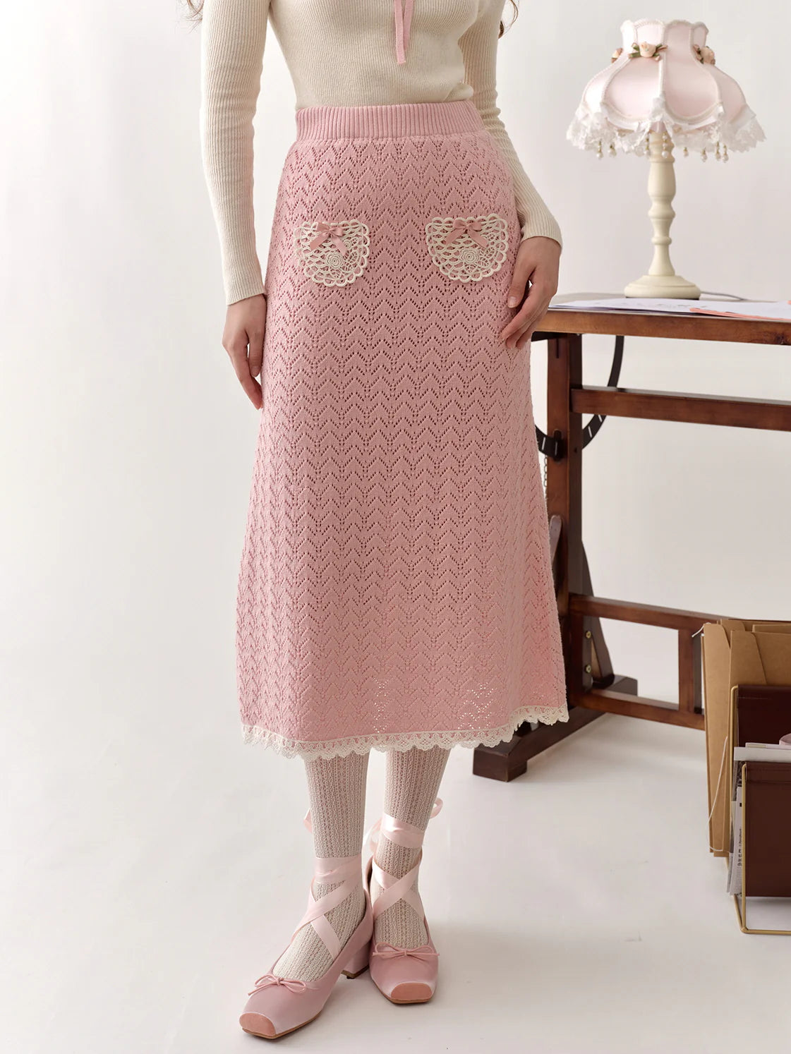 Coquette Knit Skirt with Lace Heart Pockets