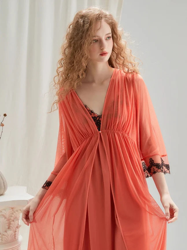 Ethereal Lace Trim Nightgown Set – Delicate Robe & Slip Dress