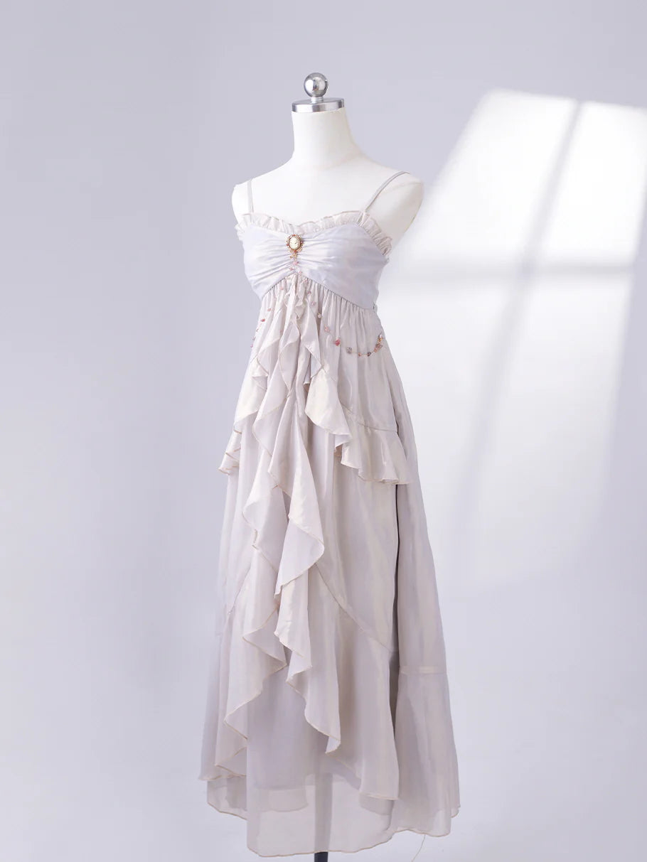 Vintage Brooch Elegance Ruffled Gown