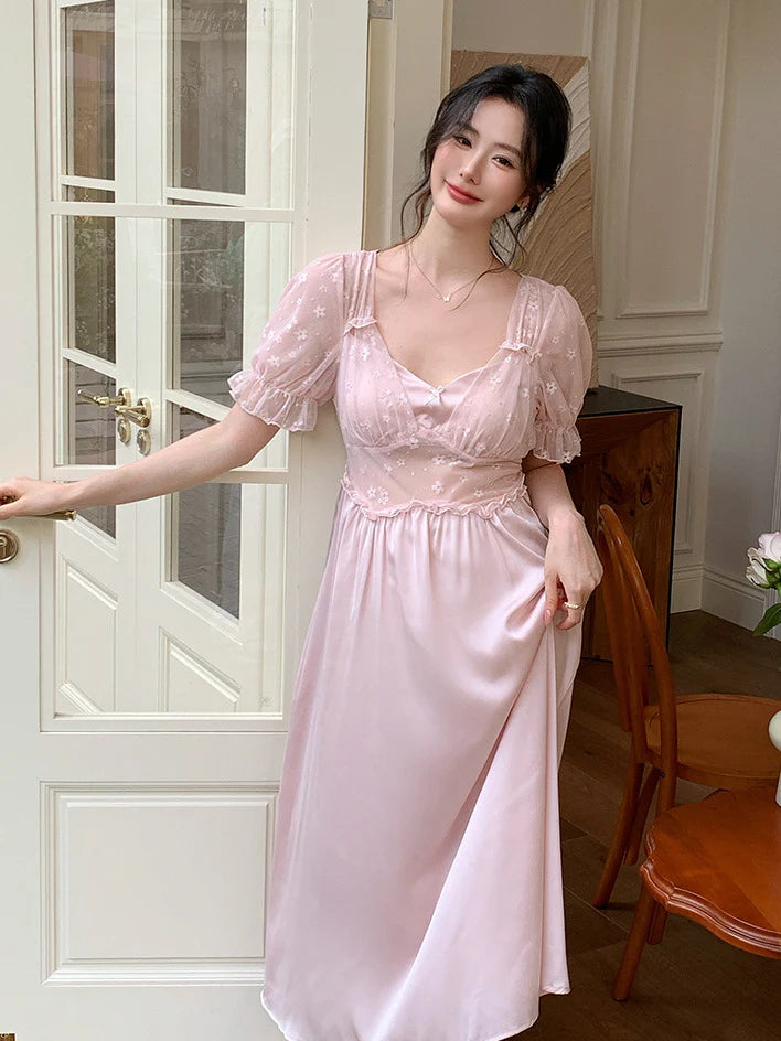Blush Petal Embroidered Mesh Nightdress
