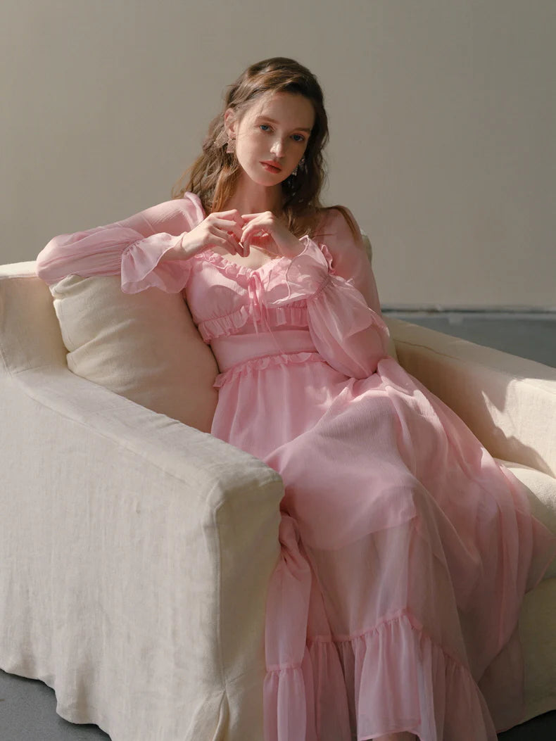 Blush Petal Frill Chiffon Dress