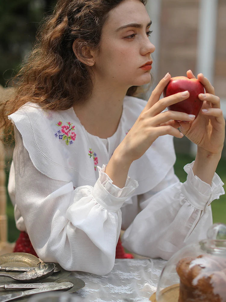 White Cottagecore Floral Ruffle Blouse