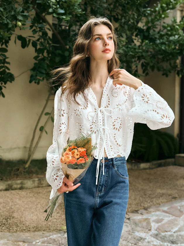 Floral Eyelet Lace Tie-Front Blouse