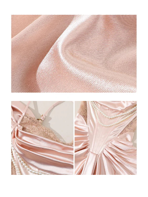 Opulent Pearl Drape Satin Corset Gown