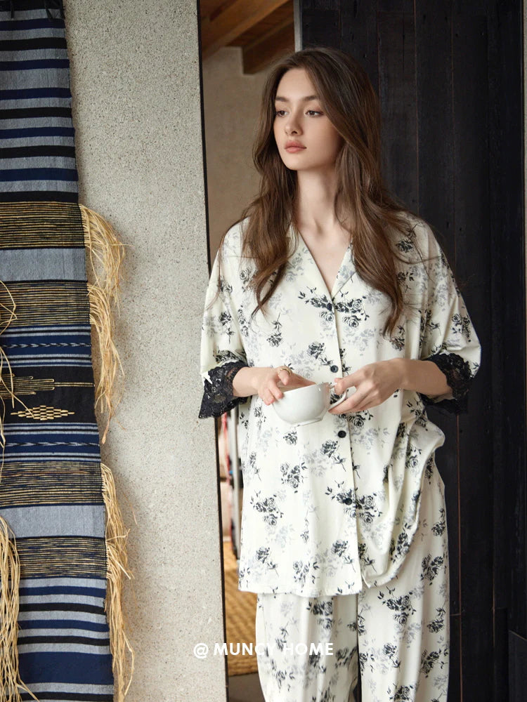 Black Rose Lace Trim Pajama Set