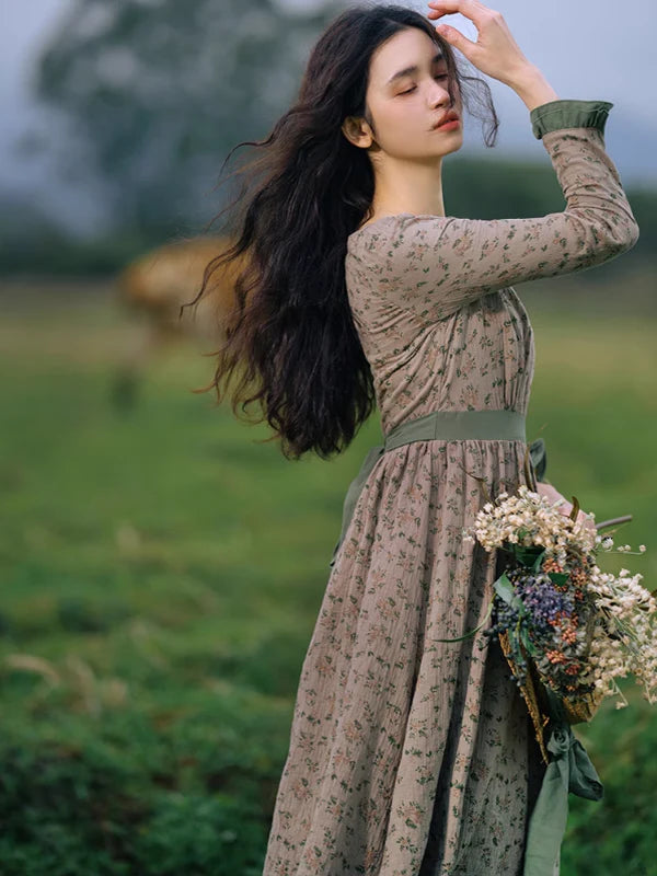 Whispering Meadow Floral Dress with Green Frill