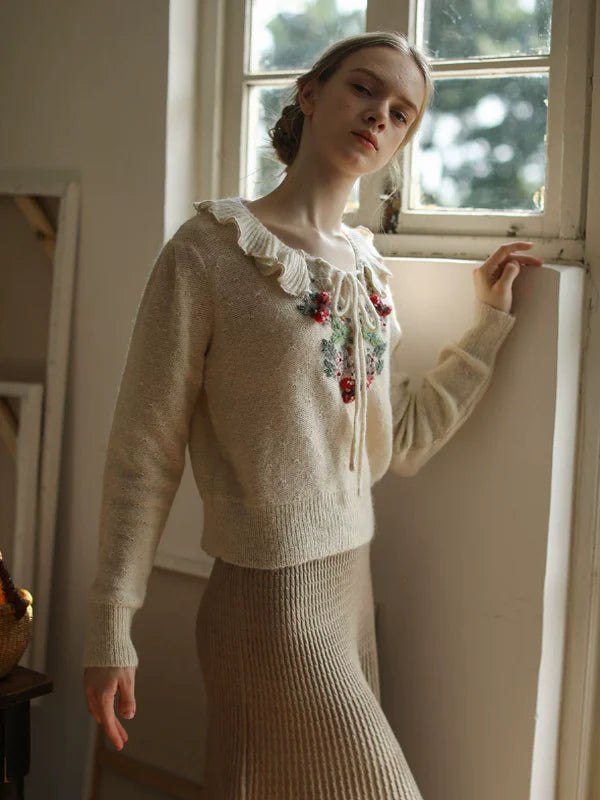 Frilled Collar Floral Embroidered Sweater