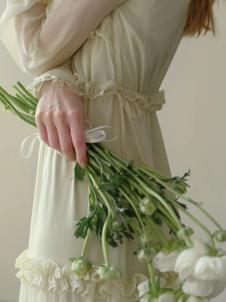 Soft Cream Ruffle Tiered Sheer Dress