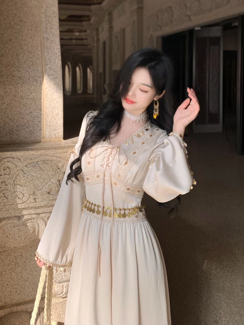 Golden Ethereal Lace-Up Flare Sleeve Chiffon Dress