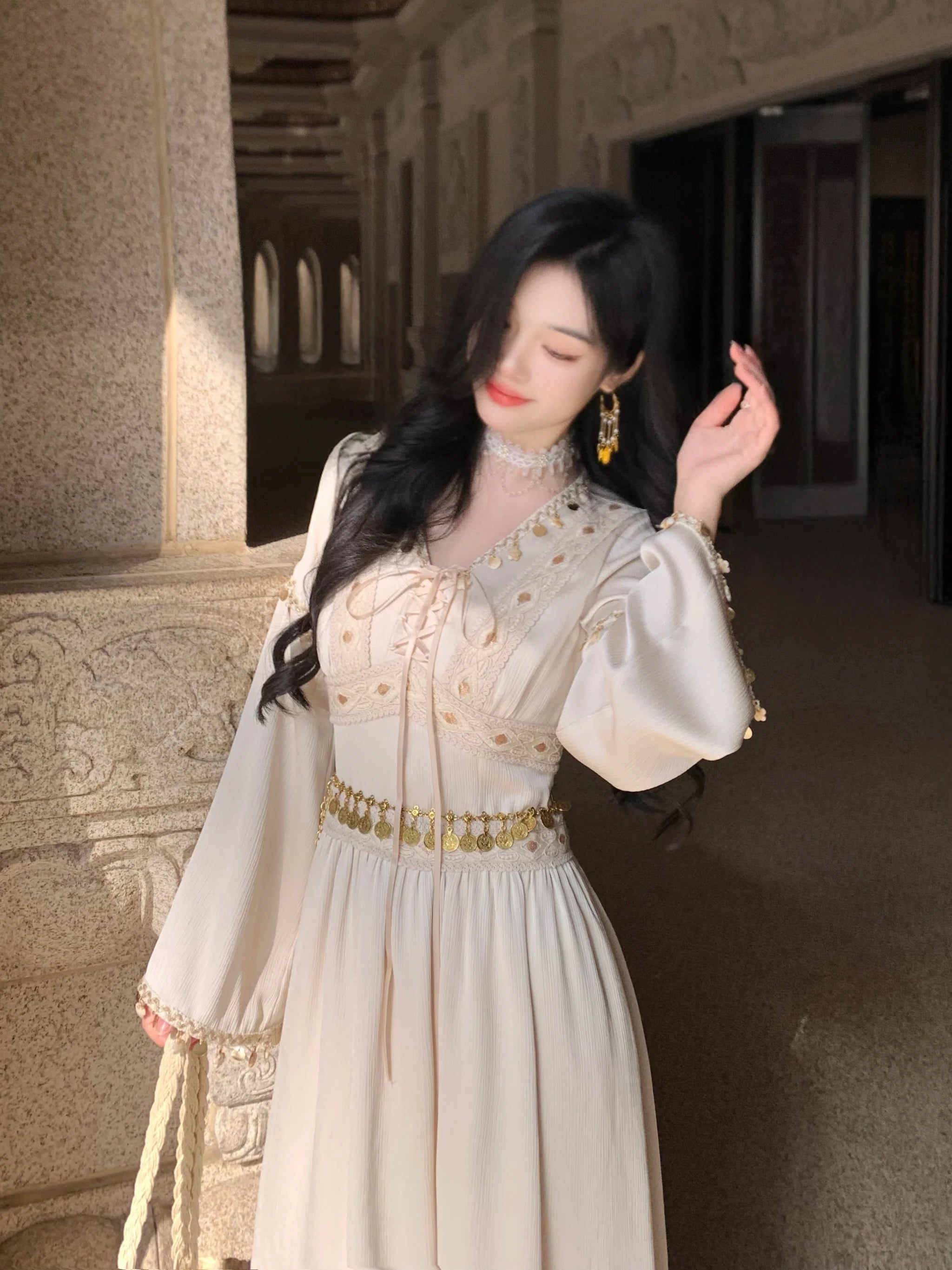 Golden Ethereal Lace-Up Flare Sleeve Chiffon Dress