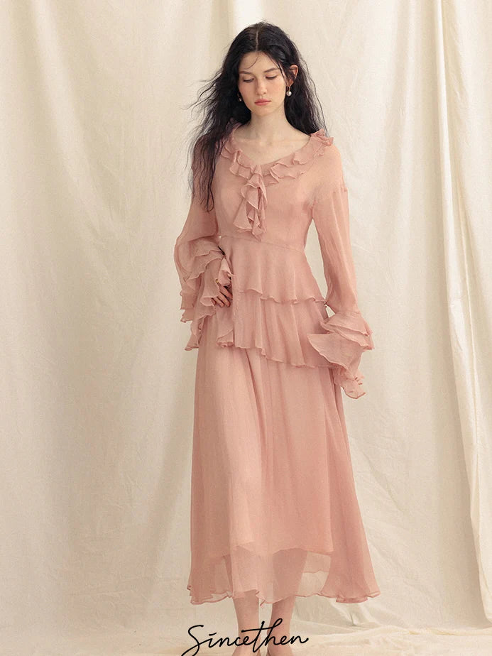 Whimsical Pink Ruffle Chiffon Blouse & Dress