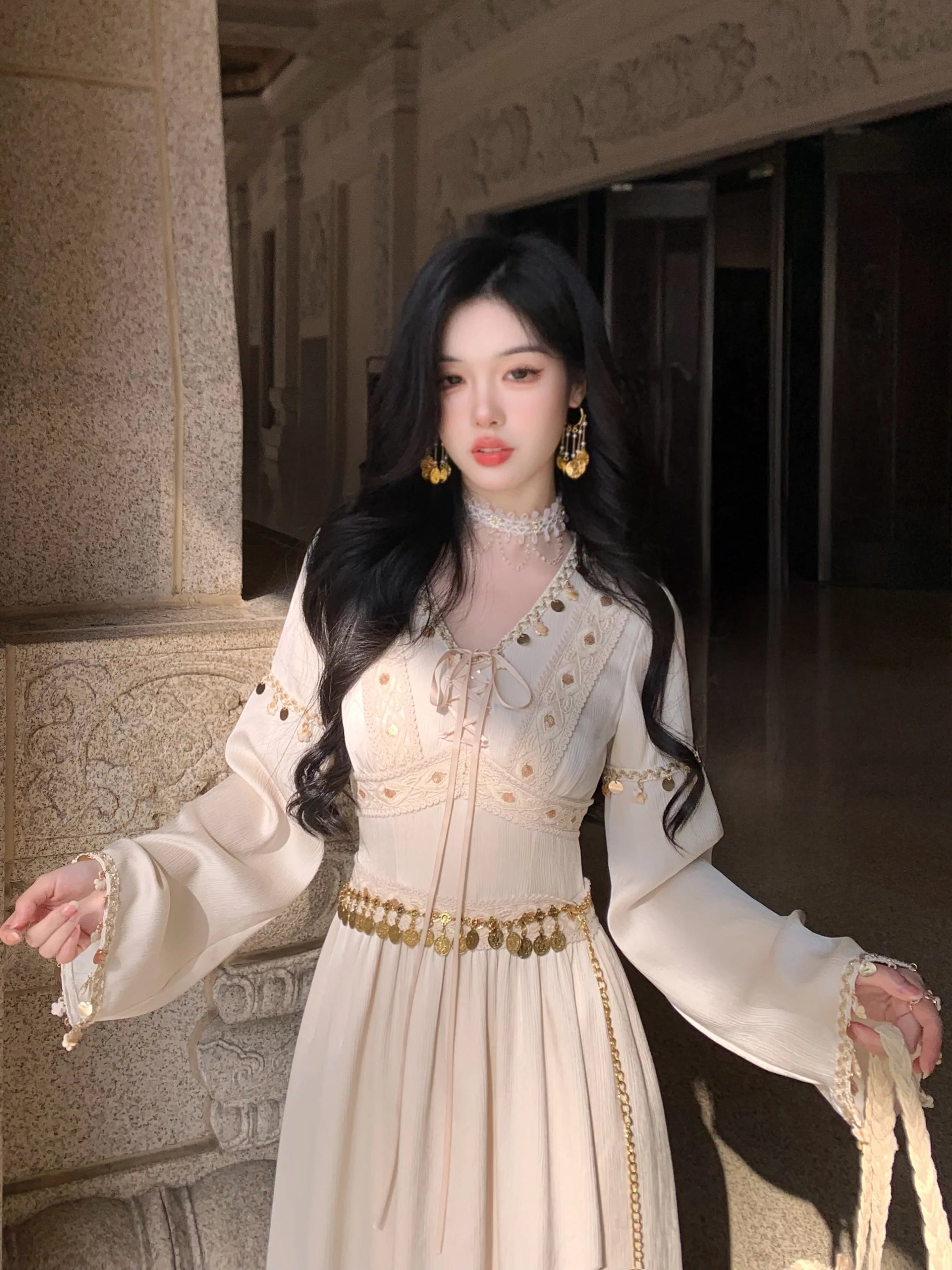 Golden Ethereal Lace-Up Flare Sleeve Chiffon Dress