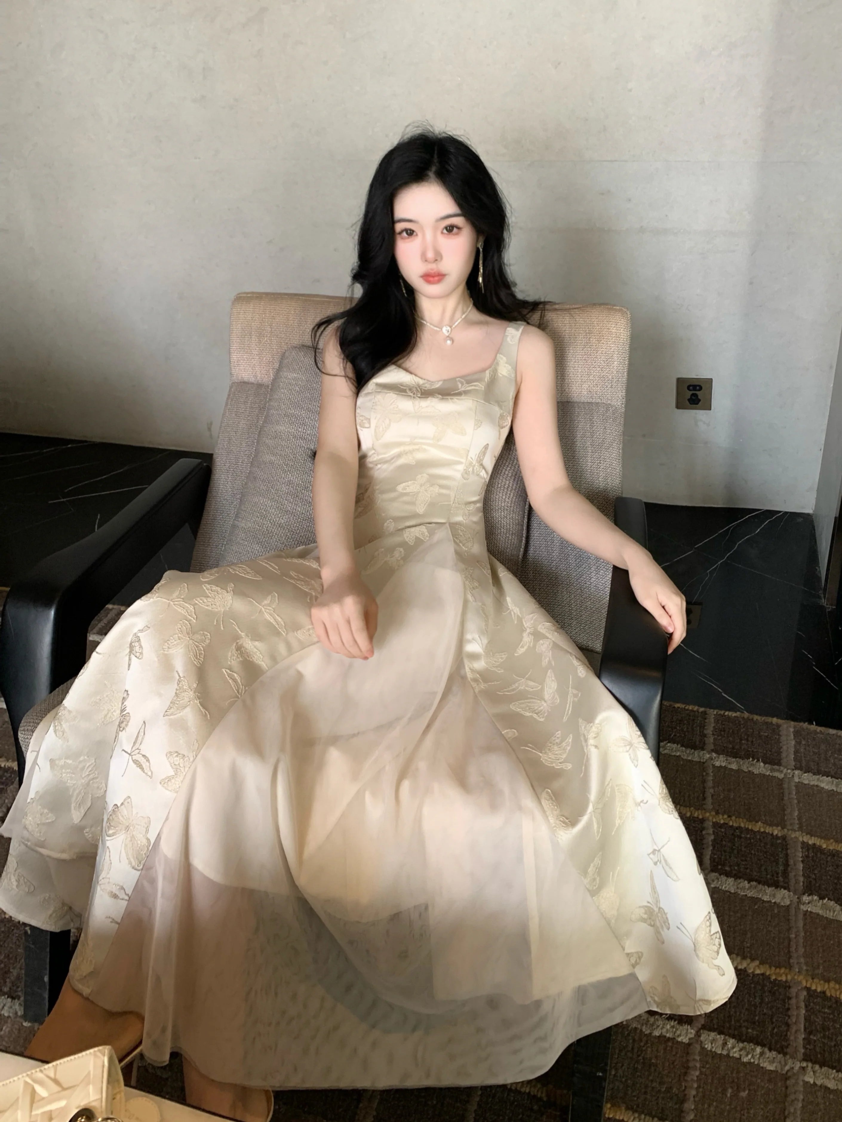 Ethereal Butterfly Embroidered Jacquard Dress